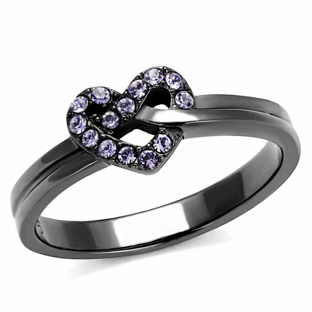 Stainless Steel Dark Gunmetal Lavender CZ Pave Heart Knot Ring view 1