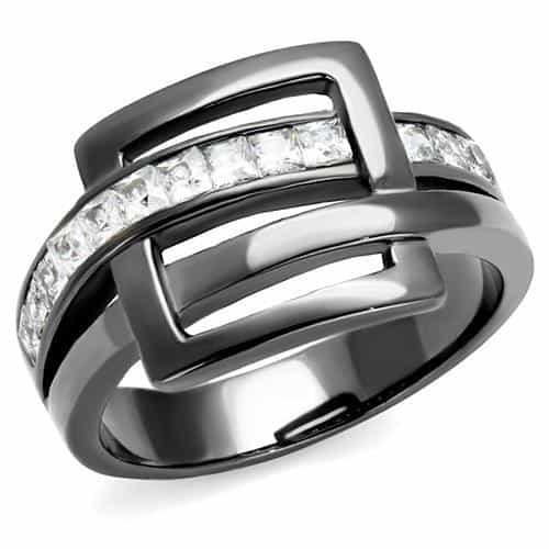 Stainless Steel Dark Gunmetal CZ Channel Buckle Double Band Ring view 1