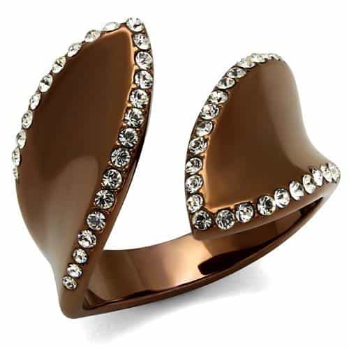 Stainless Steel Coffee Brown IP CZ Pave Twisted Leaf Ring view 1