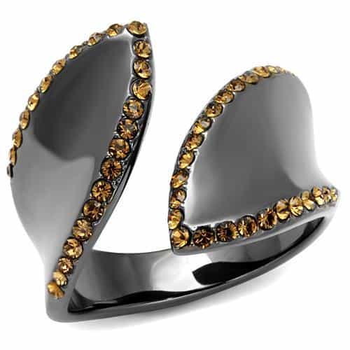 Stainless Steel Dark Gunmetal Champagne Crystal Pave Open Ring view 5
