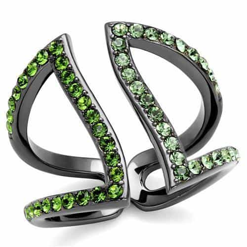 Stainless Steel Dark Gunmetal Peridot Green Crystal Pave Ring view 1