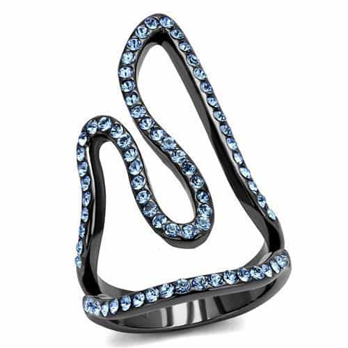 Stainless Steel Dark Gunmetal Aquamarine Crystal Pave Open Ring view 1