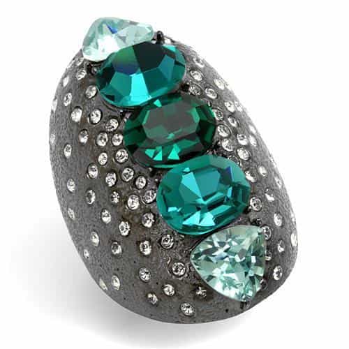 Stainless Steel Dark Gunmetal Blue Zircon Oval Crystal Pave Ring view 1