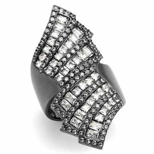 Stainless Steel Dark Gunmetal CZ Baguette Chevron Fan Bypass Ring view 5