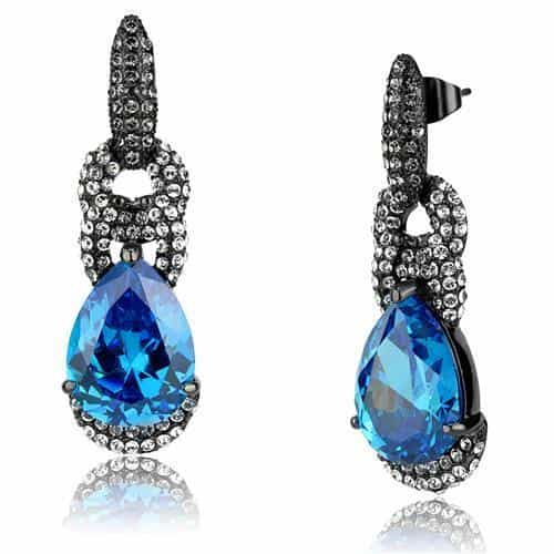 Stainless Steel Dark Gunmetal Aquamarine Blue Crystal Earrings view 1