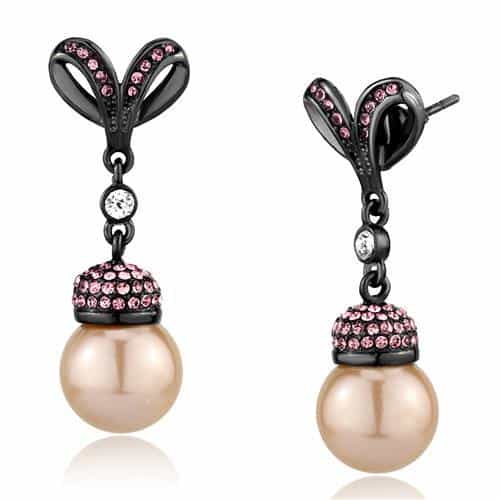 Stainless Steel Dark Gunmetal Pink Crystal Pearl Tulip Earrings view 1