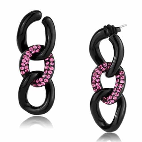 Stainless Steel Black IP Pink Crystal Pave Chain Link Earrings view 1