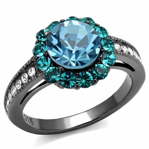 Stainless Steel Aquamarine Blue Zircon Crystal Round Halo Ring view 5