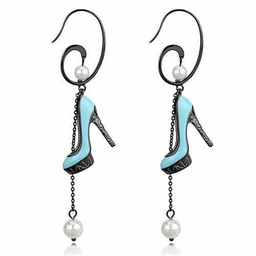 Stainless Steel Dark Gunmetal Blue High Heel Pearl Chain Earrings view 1