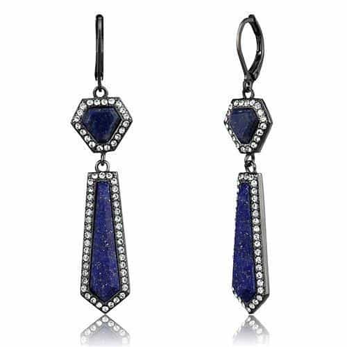 Stainless Steel Dark Gunmetal Lapis Blue Stone Hexagon Earrings view 1
