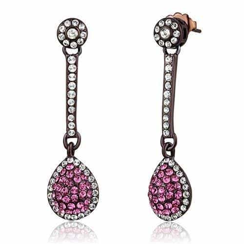 Stainless Steel Coffee Brown IP Pink Crystal Pave Teardrop Ring view 1