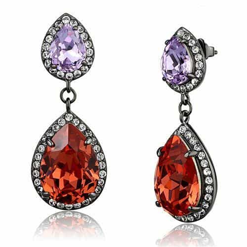Stainless Steel Dark Gunmetal Orange Red Crystal Pear CZ Earrings view 1