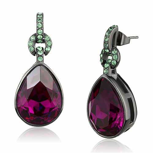 Stainless Steel Dark Gunmetal Fuchsia Crystal Pear Green Earrings view 1