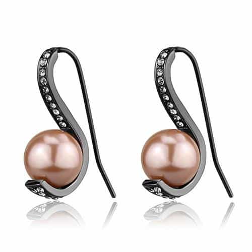 Stainless Steel Dark Gunmetal Rose Gold Pearl CZ Pave Earrings view 1