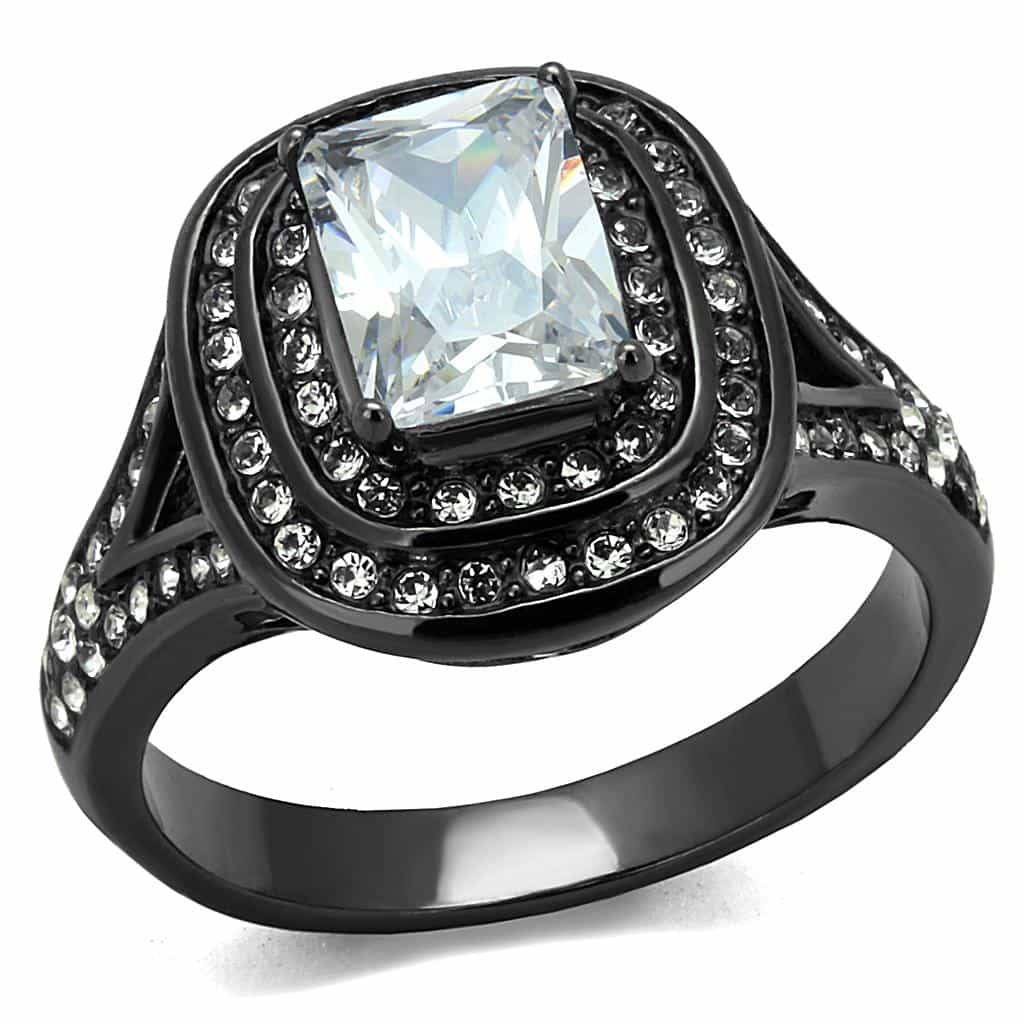 Stainless Steel Dark Gunmetal CZ Cushion Cut Double Halo Ring view 1
