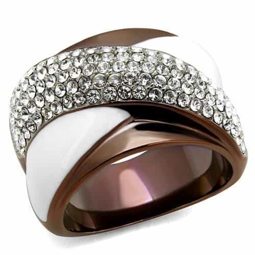 Stainless Steel Two Tone Coffee Brown White Crystal Pave Ring view 1