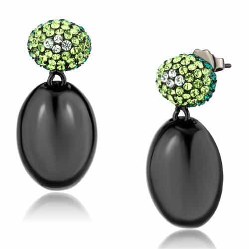Stainless Steel Dark Gunmetal Peridot Green Crystal Pave Earrings view 1