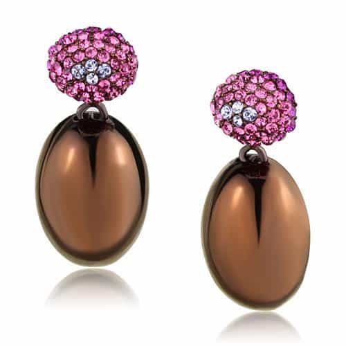 Stainless Steel Coffee Brown IP Pink Crystal Pave Oval Earrings view 1