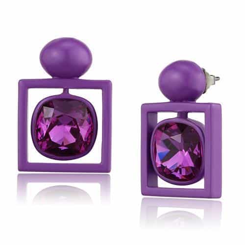 Stainless Steel Purple Enamel Fuchsia Crystal Cushion Earrings view 1