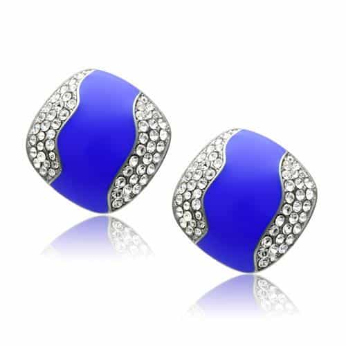 Stainless Steel Blue Enamel CZ Pave Wave Huggie Stud Earrings view 1