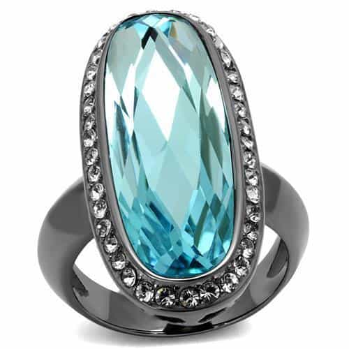 Stainless Steel Dark Gunmetal Aquamarine Blue Oval CZ Halo Ring view 1