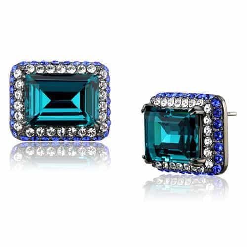 Stainless Steel Blue Zircon Emerald Cut CZ Blue Sapphire Earrings view 1