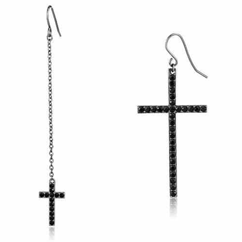 Stainless Steel Dark Gunmetal Black CZ Pave Cross Hook Earrings view 1