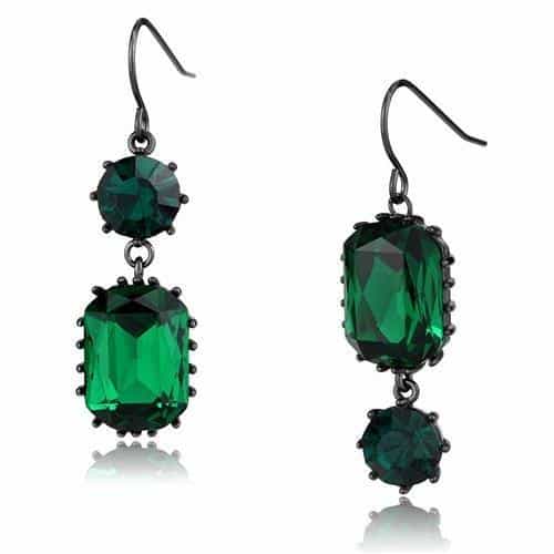Stainless Steel Dark Gunmetal Emerald Green Crystal Earrings view 1
