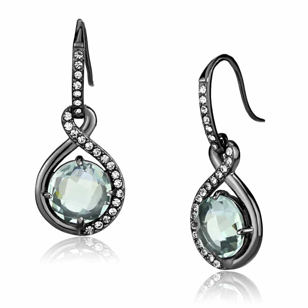 Stainless Steel Dark Gunmetal Prasiolite Green Crystal Earrings view 1