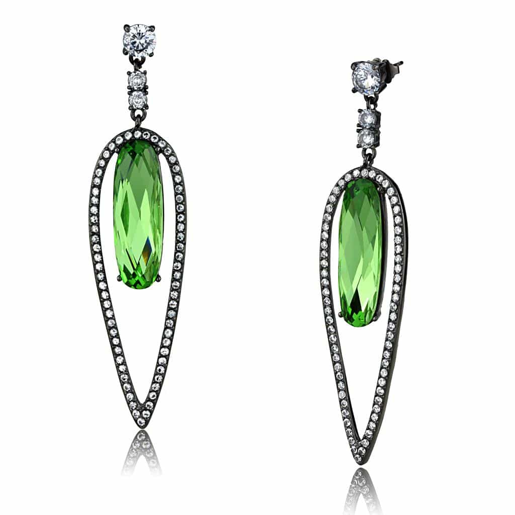 Stainless Steel Dark Gunmetal Peridot Green Crystal Earrings view 1