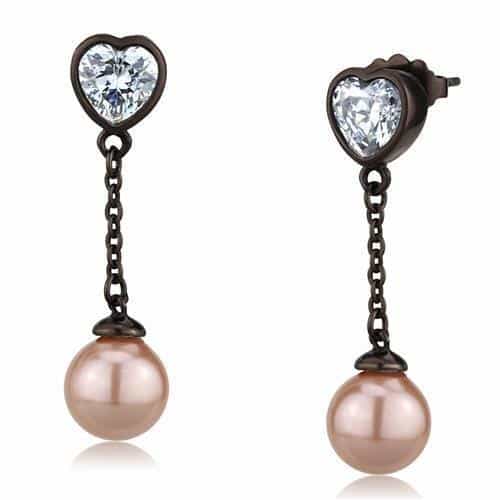 Stainless Steel Coffee Brown IP CZ Heart Pearl Chain Earrings view 1