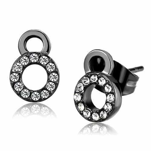 Stainless Steel Dark Gunmetal CZ Pave Double Circle Stud Earrings view 1