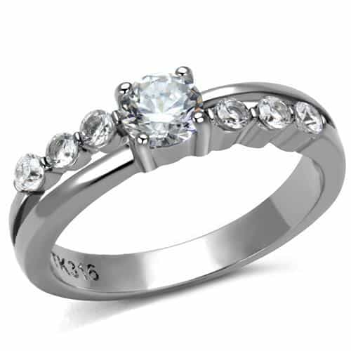 Stainless Steel CZ Round Oval Bezel Link Band Ring view 1