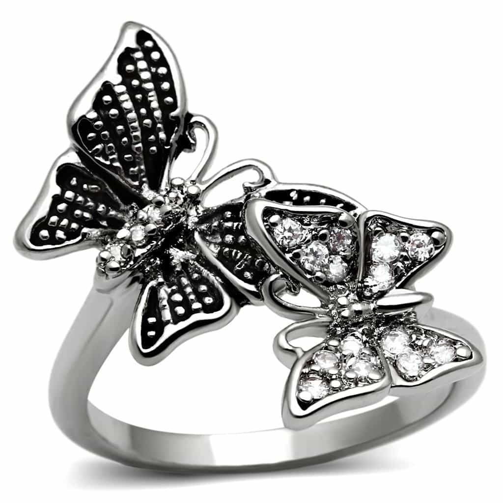 Stainless Steel CZ Pave Double Butterfly Ring view 1