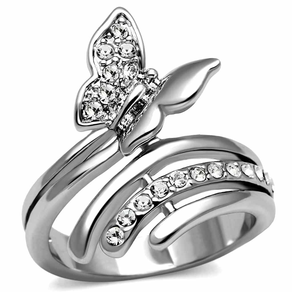 Stainless Steel CZ Pave Butterfly Bypass Wrap Ring view 6