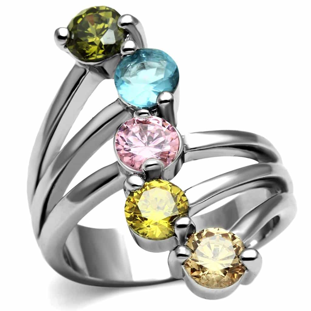 Stainless Steel Multi Color CZ Round Five Stone Waterfall Ring view 2