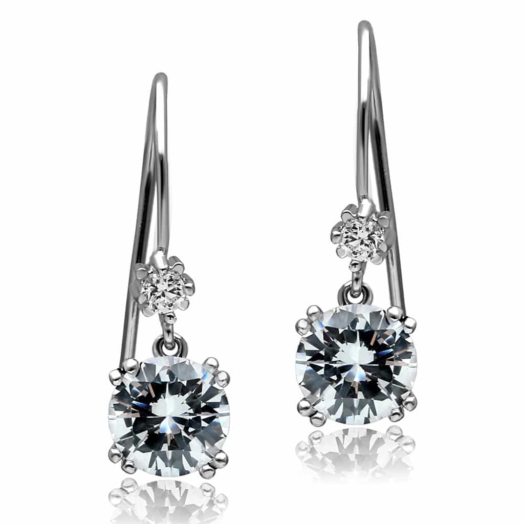 Stainless Steel CZ Round Solitaire Hook Drop Earrings view 1