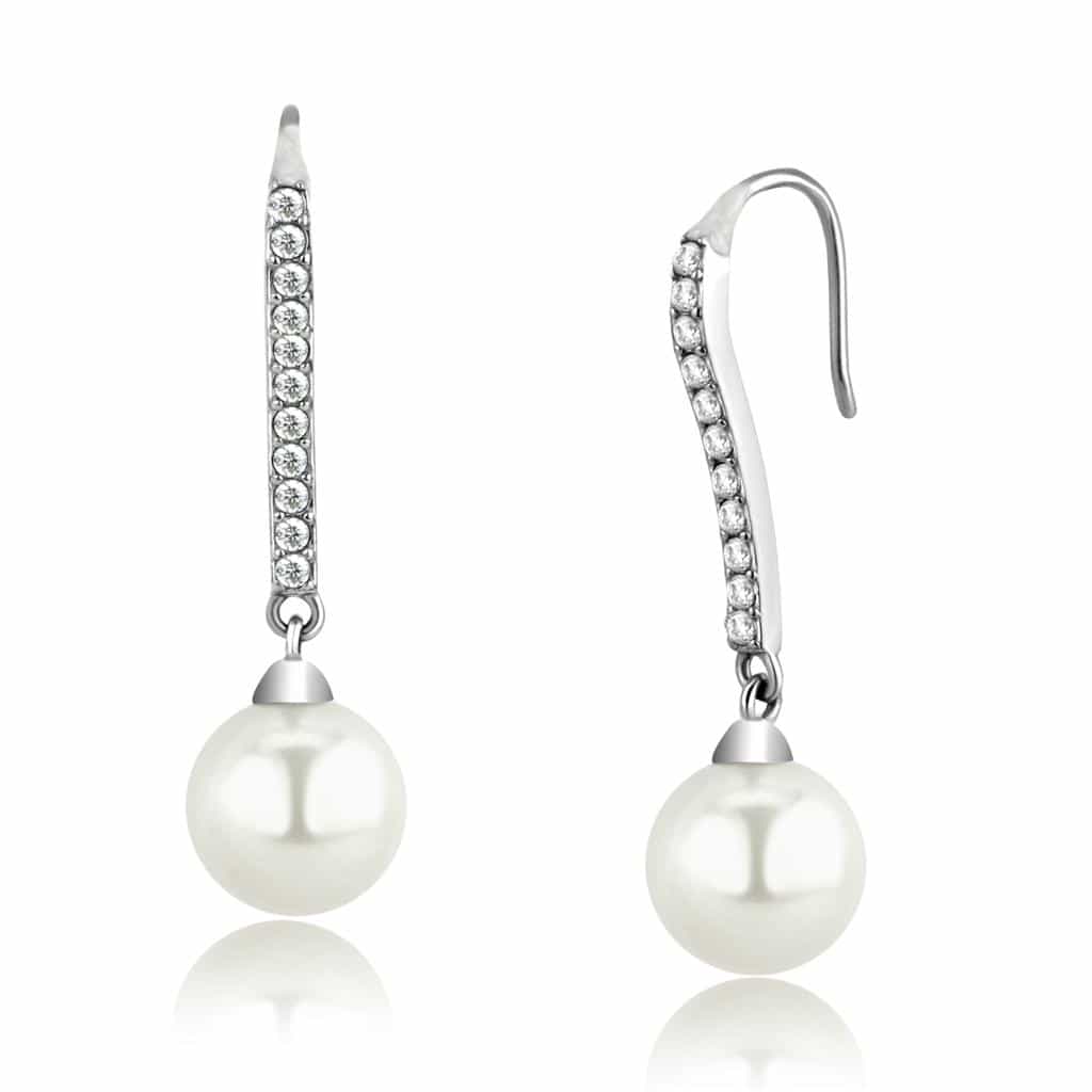 Stainless Steel White Pearl CZ Pave Bar Hook Drop Earrings view 1