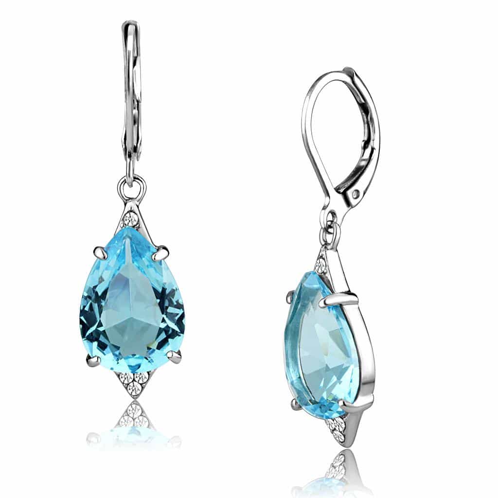 Stainless Steel Aquamarine Blue Crystal Pear CZ Pave Ring view 1