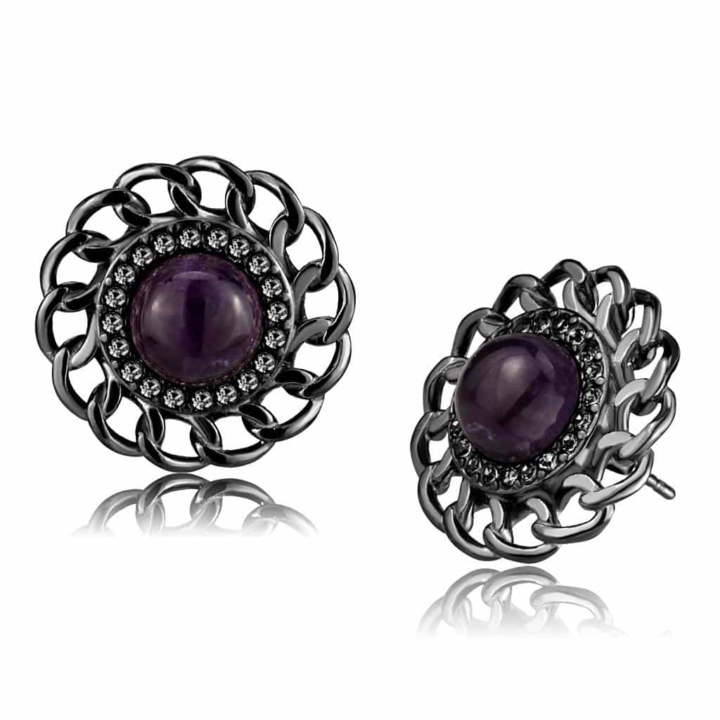 Stainless Steel Dark Gunmetal Amethyst Purple Cabochon Earrings view 1