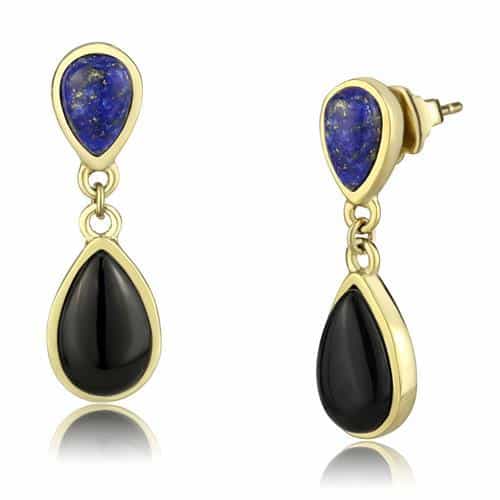 Stainless Steel Gold IP Lapis Blue Stone Black Onyx Pear Earrings view 1