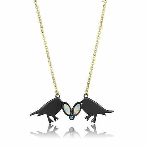 Stainless Steel Gold IP Black Kissing Birds Opal Crystal Necklace view 1