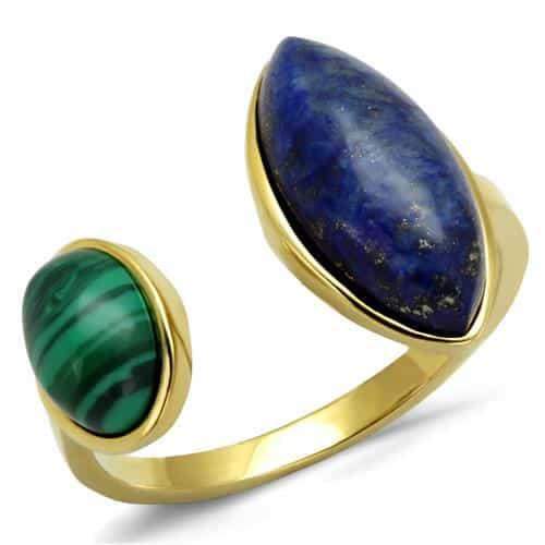 Stainless Steel Gold IP Lapis Blue Malachite Marquise Open Ring view 6