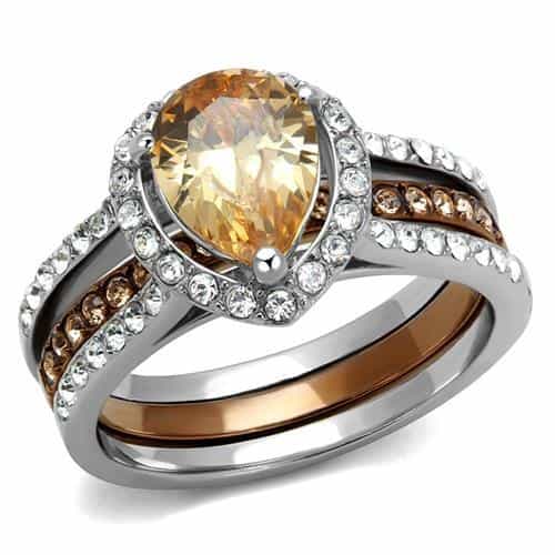 Stainless Steel Two Tone Coffee Brown Silver Champagne CZ Ring view 6