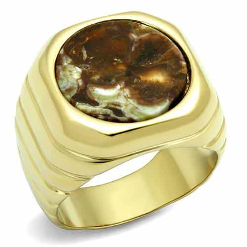 Stainless Steel Gold IP Natural Agate Round Cabochon Ribbed Ring view 5