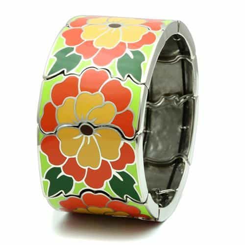 Stainless Steel Green Orange Red Enamel Floral Wide Bracelet view 3