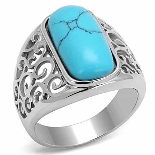 Stainless Steel Turquoise Cabochon Rectangle Filigree Scroll Ring view 1