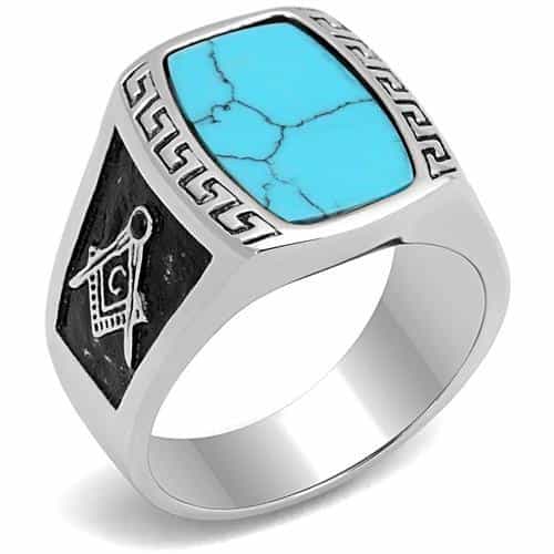 Stainless Steel Turquoise Inlay Masonic Compass Greek Key Ring view 1