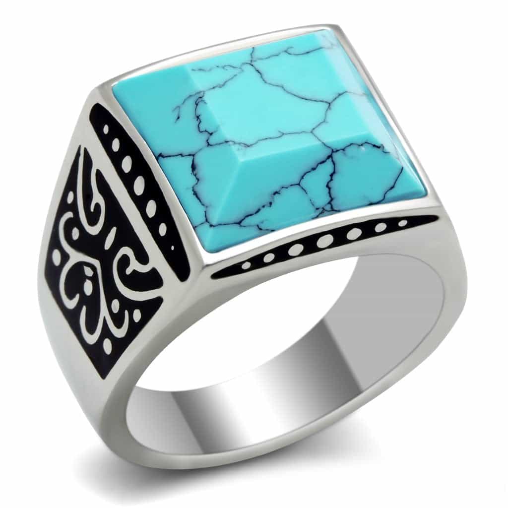 Stainless Steel Turquoise Inlay Square Tribal Scroll Signet Ring view 2