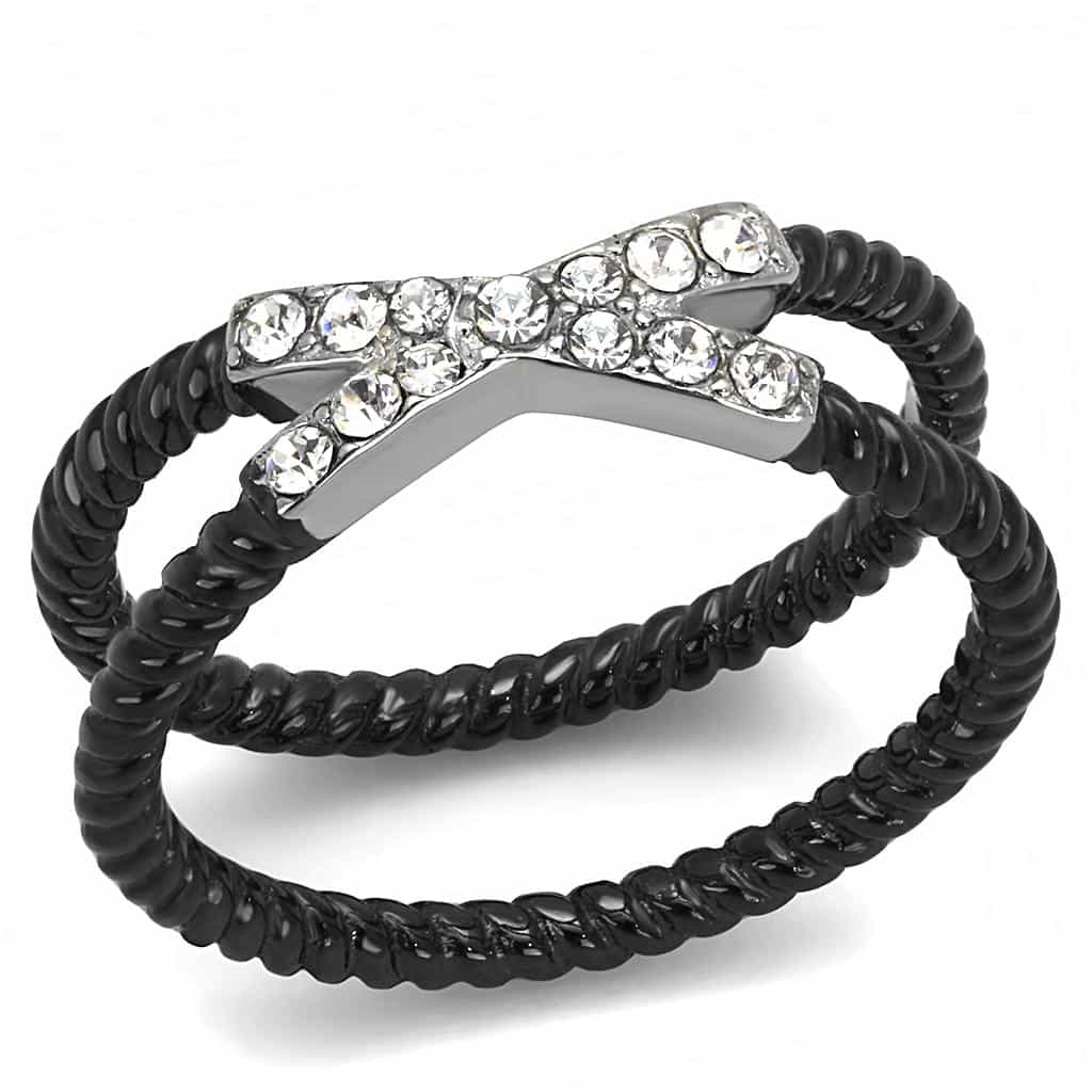 Stainless Steel Black IP CZ Pave Chevron Twisted Rope Stack Ring view 1